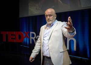 Enda O’Doherty on stage at TEDxRatoath speaking about resilience