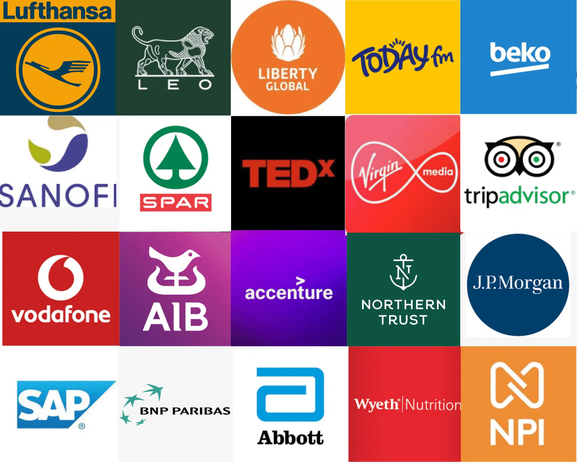 Corporate clients of keynote speaker Enda O’Doherty including Lufthansa, LEO Pharma, Sanofi, Vodafone, AIB, Accenture, J.P. Morgan and Abbott